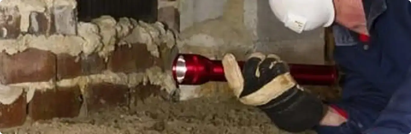 Pest control technician inspecting a crawl space for ant activity in Missouri City, TX