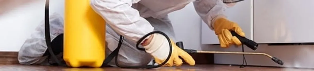 Roach exterminator treating cracks and crevices along kitchen baseboards in Houston, TX