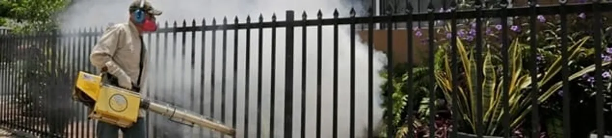 Mosquito control technician fogging a yard perimeter for mosquito reduction in Houston, TX