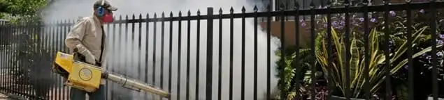 Mosquito control technician fogging a yard perimeter for mosquito reduction in Houston, TX